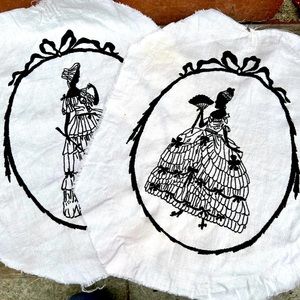 Vintage Pair Embroidered Black Silhouettes On White Background Marie Antoinette